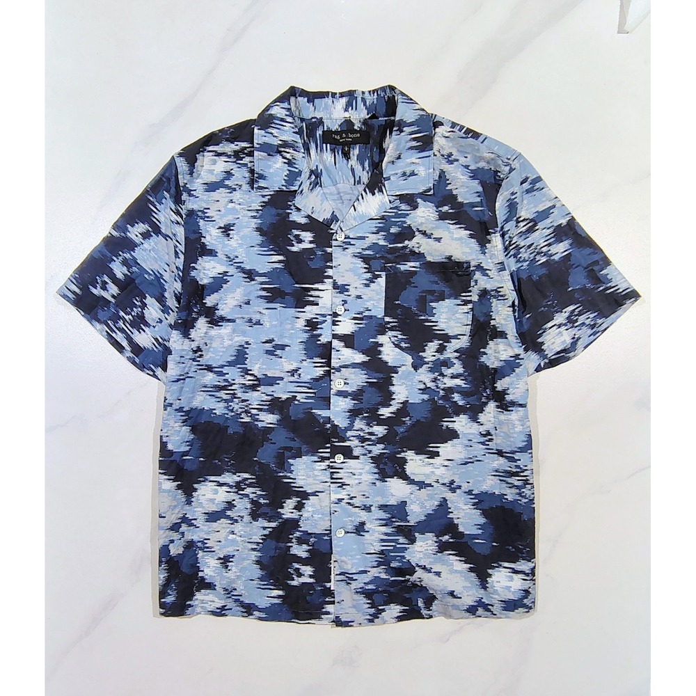 Rag & Bone Camp Shirt Mens Large Blue Avery cotton blurred Camo Print Casual